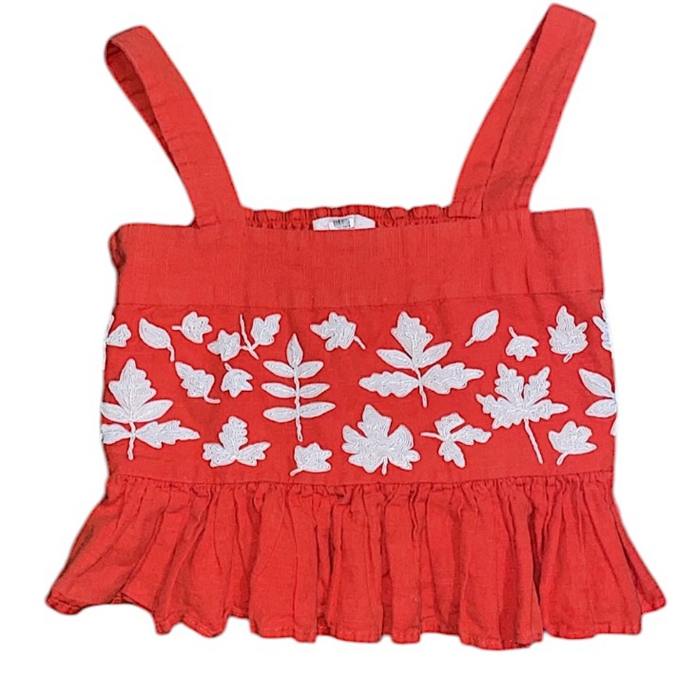 Carolina K boho linen blend leaf embroidered peplum cropped sleeveless top